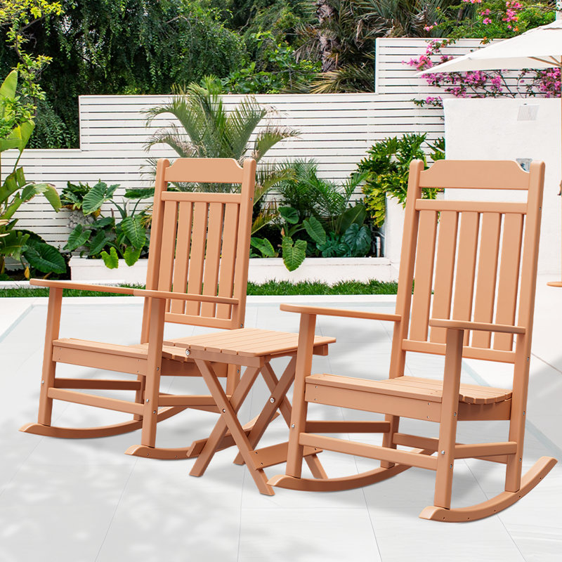 Stefani 3 Piece Outdoor Rocking Chairs Set Adirondack Rocker Chairs with Foldable Side Table Teak